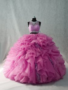Beading and Ruffles Quinceanera Gown Pink Brush Train