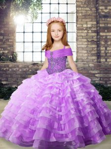 Affordable Beading and Ruffled Layers Glitz Pageant Dress Lilac Lace Up Sleeveless Brush Train
