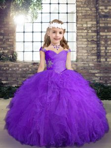 Elegant Purple Lace Up Straps Beading and Ruffles Pageant Dress for Teens Tulle Sleeveless