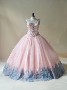 Best Pink Scoop Lace Up Beading and Appliques Quince Ball Gowns Sleeveless