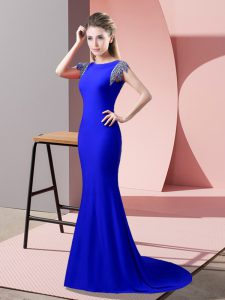 Artistic Royal Blue Mermaid High-neck Short Sleeves Elastic Woven Satin Brush Train Backless Beading Prom Dress