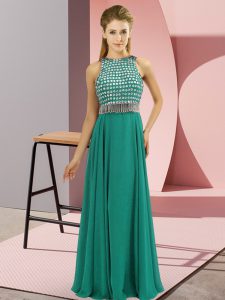 Floor Length Turquoise Dress for Prom Chiffon Sleeveless Beading