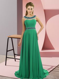 Glorious Sleeveless Chiffon Brush Train Zipper Prom Evening Gown in Green with Beading