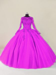 Floor Length Zipper Ball Gown Prom Dress Purple for Sweet 16 and Quinceanera with Lace and Appliques