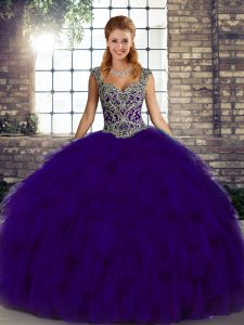 Captivating Beading and Ruffles Sweet 16 Dresses Purple Lace Up Sleeveless Floor Length