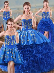 Ideal Royal Blue Fabric With Rolling Flowers Lace Up Sweetheart Sleeveless Floor Length Sweet 16 Dresses Embroidery and Ruffles