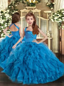 Sleeveless Floor Length Ruffles Lace Up Kids Pageant Dress with Blue