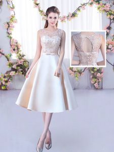 Elegant Champagne Scoop Lace Up Lace and Belt Wedding Party Dress Sleeveless