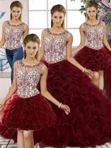 Modest Sleeveless Floor Length Beading and Ruffles Lace Up Ball Gown Prom Dress with Burgundy