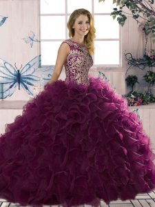 Top Selling Dark Purple Scoop Neckline Beading and Ruffles Sweet 16 Dresses Sleeveless Lace Up