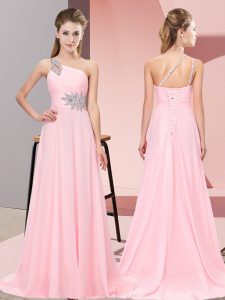 Shining Baby Pink Prom Gown Chiffon Brush Train Sleeveless Beading