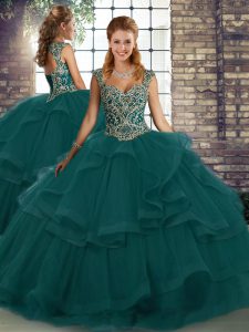 Peacock Green Straps Neckline Beading and Ruffles Quinceanera Dress Sleeveless Lace Up