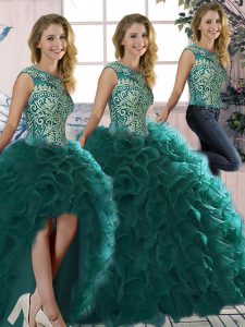 Beading and Ruffles Quinceanera Gowns Peacock Green Lace Up Sleeveless Floor Length