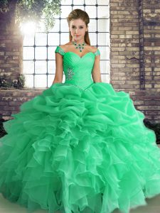 Nice Sleeveless Floor Length Beading and Ruffles and Pick Ups Lace Up 15 Quinceanera Dress with Turquoise