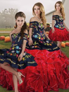 Organza Off The Shoulder Sleeveless Lace Up Embroidery and Ruffles Vestidos de Quinceanera in Red And Black