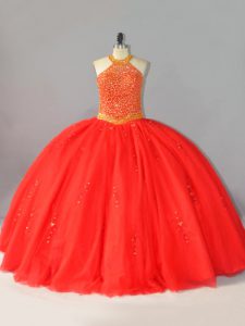 Graceful Coral Red Tulle Lace Up Halter Top Sleeveless Floor Length Sweet 16 Dresses Beading