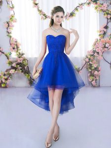 Royal Blue Lace Up Court Dresses for Sweet 16 Lace Sleeveless High Low
