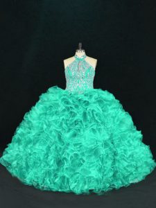 Turquoise Ball Gowns Organza Halter Top Sleeveless Beading and Ruffles Floor Length Lace Up Quinceanera Dresses