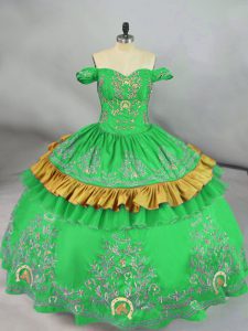 Most Popular Green Satin Lace Up Sweet 16 Quinceanera Dress Sleeveless Floor Length Embroidery