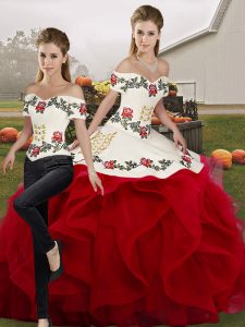 Fantastic Floor Length White And Red Quinceanera Dress Tulle Sleeveless Embroidery and Ruffles