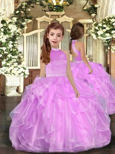 Lilac Ball Gowns Organza Halter Top Sleeveless Beading and Ruffles Floor Length Backless Little Girls Pageant Gowns