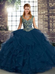 New Style Beading and Ruffles Quinceanera Dresses Blue Lace Up Sleeveless Floor Length