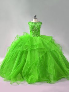 Sophisticated Ball Gowns Organza Scoop Sleeveless Beading and Ruffles Lace Up Quince Ball Gowns Brush Train