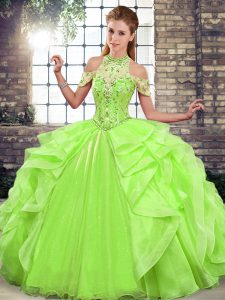 On Sale Lace Up Halter Top Beading and Ruffles Quinceanera Gowns Organza Sleeveless