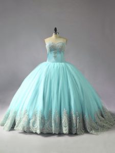 Blue 15th Birthday Dress Sweet 16 and Quinceanera with Appliques Sweetheart Sleeveless Court Train Lace Up