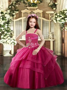 New Style Floor Length Red Little Girl Pageant Gowns Straps Sleeveless Lace Up