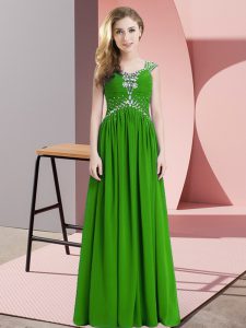 Green Lace Up Straps Beading Evening Dress Chiffon Cap Sleeves