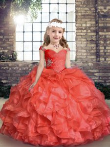 Perfect Coral Red Organza Lace Up Custom Made Pageant Dress Sleeveless Floor Length Beading and Ruching