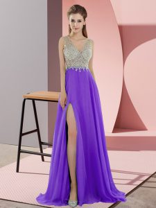 Custom Designed Lavender Chiffon Zipper V-neck Sleeveless Prom Evening Gown Sweep Train Beading