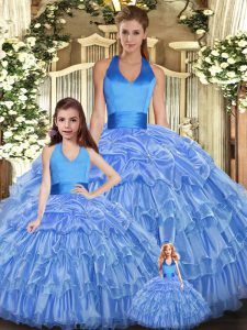 Baby Blue Organza Lace Up Halter Top Sleeveless Floor Length Sweet 16 Dress Ruffles and Pick Ups