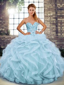 Spectacular Light Blue Quinceanera Dresses Military Ball and Sweet 16 and Quinceanera with Beading and Ruffles Sweetheart Sleeveless Lace Up