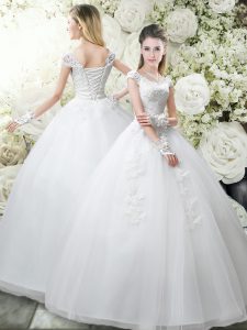 Edgy Floor Length White Wedding Dress Scoop Cap Sleeves Lace Up