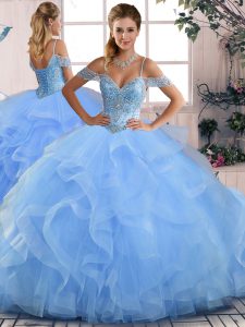 Sleeveless Floor Length Beading and Ruffles Lace Up Quinceanera Dresses with Blue