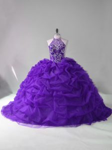 Beading and Pick Ups Quinceanera Dress Purple Lace Up Sleeveless Court Train