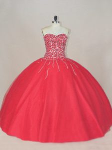 Discount Coral Red Ball Gowns Sweetheart Sleeveless Tulle Floor Length Lace Up Beading Vestidos de Quinceanera