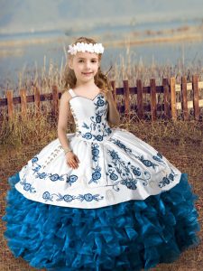 Exquisite Blue Sleeveless Floor Length Embroidery and Ruffles Lace Up Little Girls Pageant Gowns