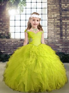 Tulle Straps Sleeveless Lace Up Beading and Ruffles Little Girls Pageant Gowns in Yellow Green