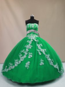 Fine Green Ball Gowns Strapless Sleeveless Tulle Floor Length Lace Up Appliques Quinceanera Gowns
