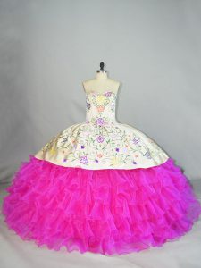 New Style Embroidery and Ruffled Layers Quince Ball Gowns Fuchsia Lace Up Sleeveless