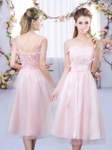 Wonderful Baby Pink Tulle Lace Up Sweetheart Short Sleeves Tea Length Dama Dress for Quinceanera Lace and Belt