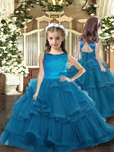 Beauteous Teal Tulle Lace Up Scoop Sleeveless Floor Length Kids Formal Wear Ruffled Layers