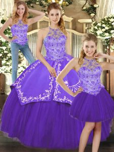Modest Halter Top Sleeveless Sweet 16 Dresses Floor Length Beading and Embroidery Purple Satin and Tulle
