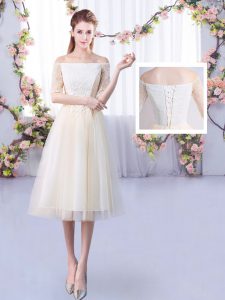 Fancy Champagne Lace Up Off The Shoulder Lace Bridesmaid Dress Tulle Half Sleeves