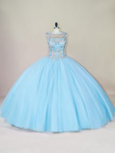 Elegant Blue Lace Up Scoop Beading 15 Quinceanera Dress Tulle Sleeveless