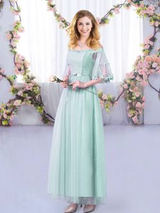 Light Blue Bridesmaid Dress Wedding Party with Lace and Belt Off The Shoulder Half Sleeves Side Zipper