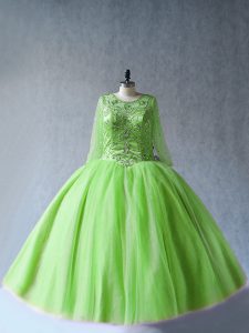 Hot Selling Green Tulle Lace Up Quinceanera Gown Long Sleeves Floor Length Beading